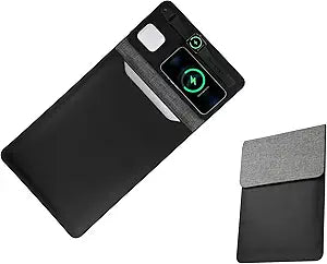 5-in-1 Laptop Sleeve with Wireless Charging for iPad MacBook Pro 12" 13" 14", Charge Mat for Phone Earbuds iWatch, Executive Office Organizer with Pocket, Waterproof Vegan Leather Case (Black)