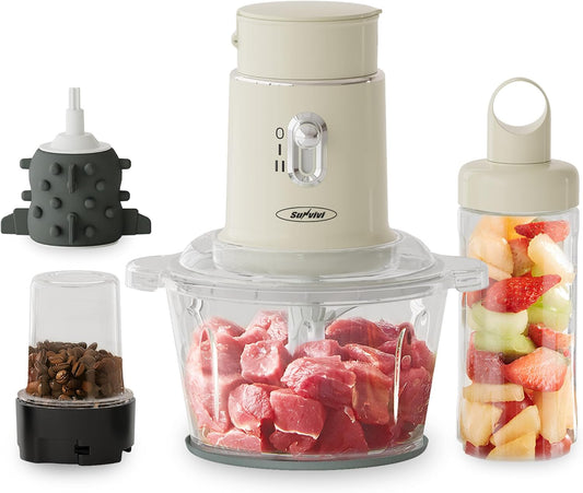 Sunvivi Electric Food Chopper, 4 in 1 Small Food Processor for Grinding Meat, Peeling Garlic & Juicing, 2 Speed Blender and Food Grinder Combo with 1.5L Glass Bowl & 2 Cups (0.4L+0.2L), Beige