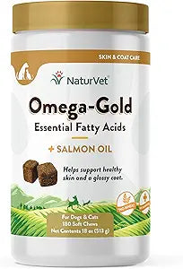 NaturVet â€“ Omega-Gold Plus Salmon Oil | Supports Healthy Skin & Glossy Coat | Enhanced with DHA, EPA, Omega-3 & Omega-6 | for Dogs & Cats | 180 Soft Chews