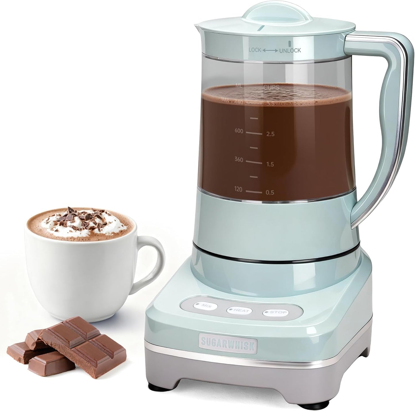 SugarWhisk 29 Oz Hot Chocolate Maker Machine, Electric Milk Frother and Steamer, Hot Cocoa Maker Machine for Hot Chocolate Bar, Detachable Pitcher, 2 Speed Mode, 3.5 Cups, Aqua