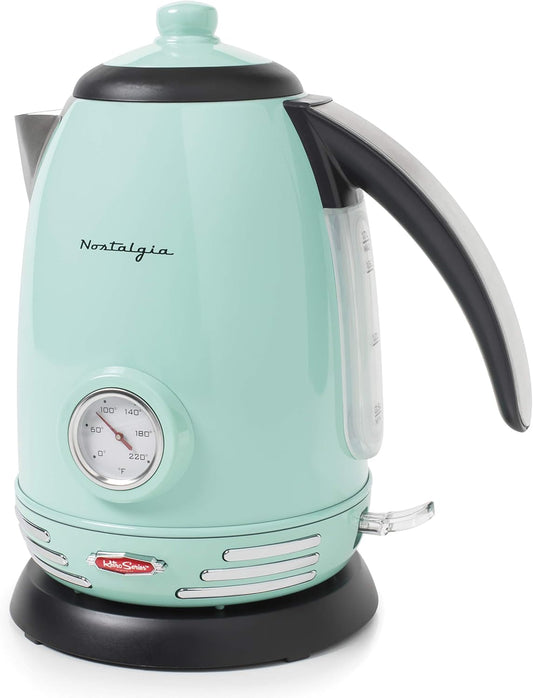 Nostalgia Retro Stainless Steel Electric Tea And Water Kettle, 1.7 Liters, Auto-Shut Off & Boil-Dry Protection, Water Level Indicator Window, Aqua