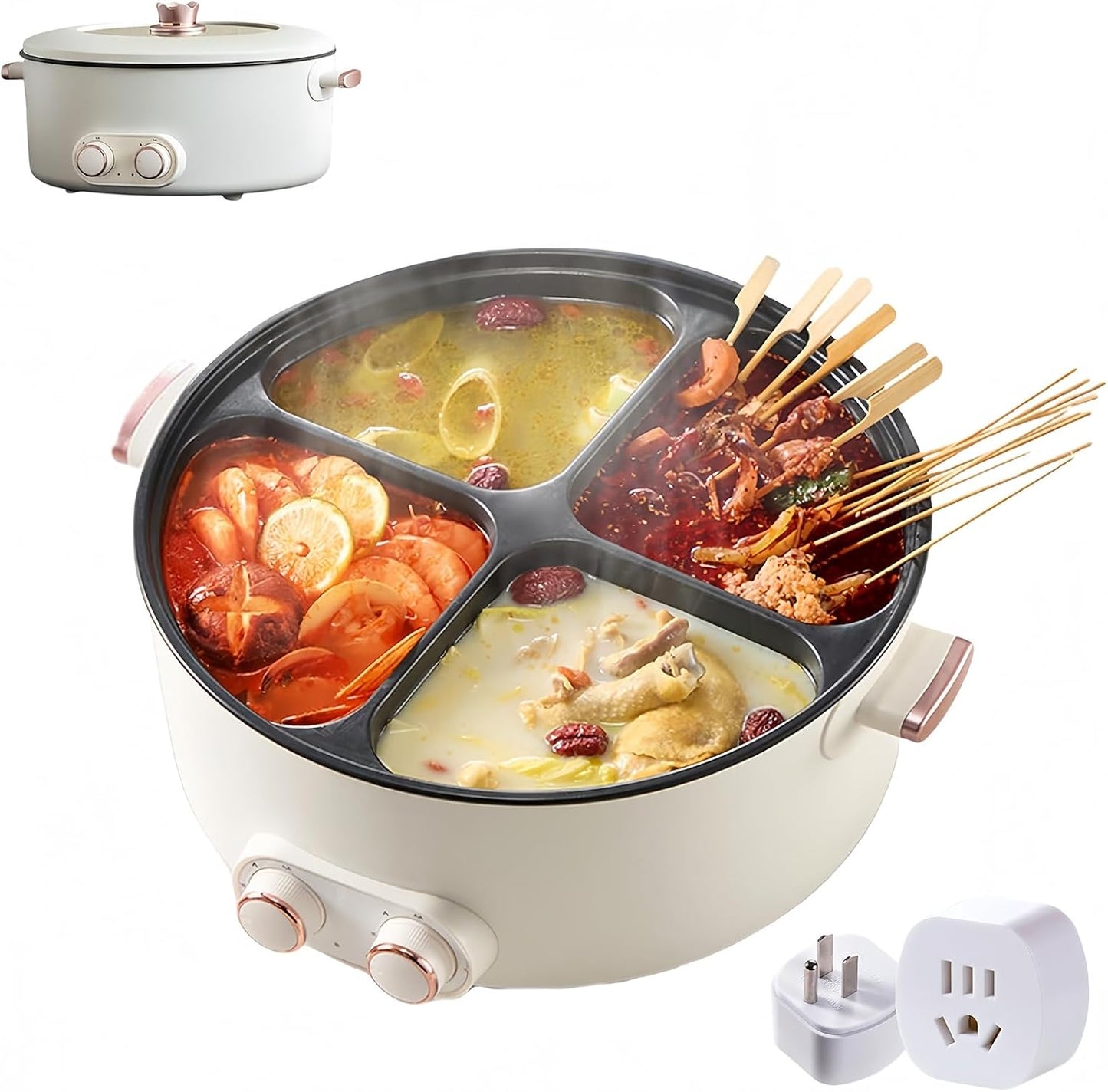 Four Grid Multifunctional Stew Pot, Electric Pot 4 Compartment Divider Cooker, One Pot with 4 Flavors, 6L Large Capacity Independent Temperature Control on Both Sides, Electric Hot Pot for Home Party