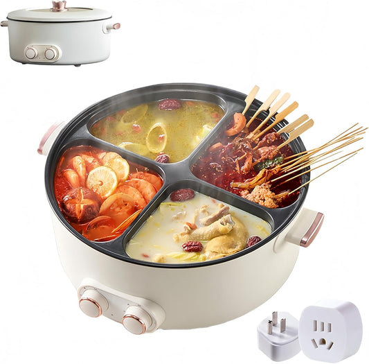 Four Grid Multifunctional Stew Pot, Electric Pot 4 Compartment Divider Cooker, One Pot with 4 Flavors, 6L Large Capacity Independent Temperature Control on Both Sides, Electric Hot Pot for Home Party