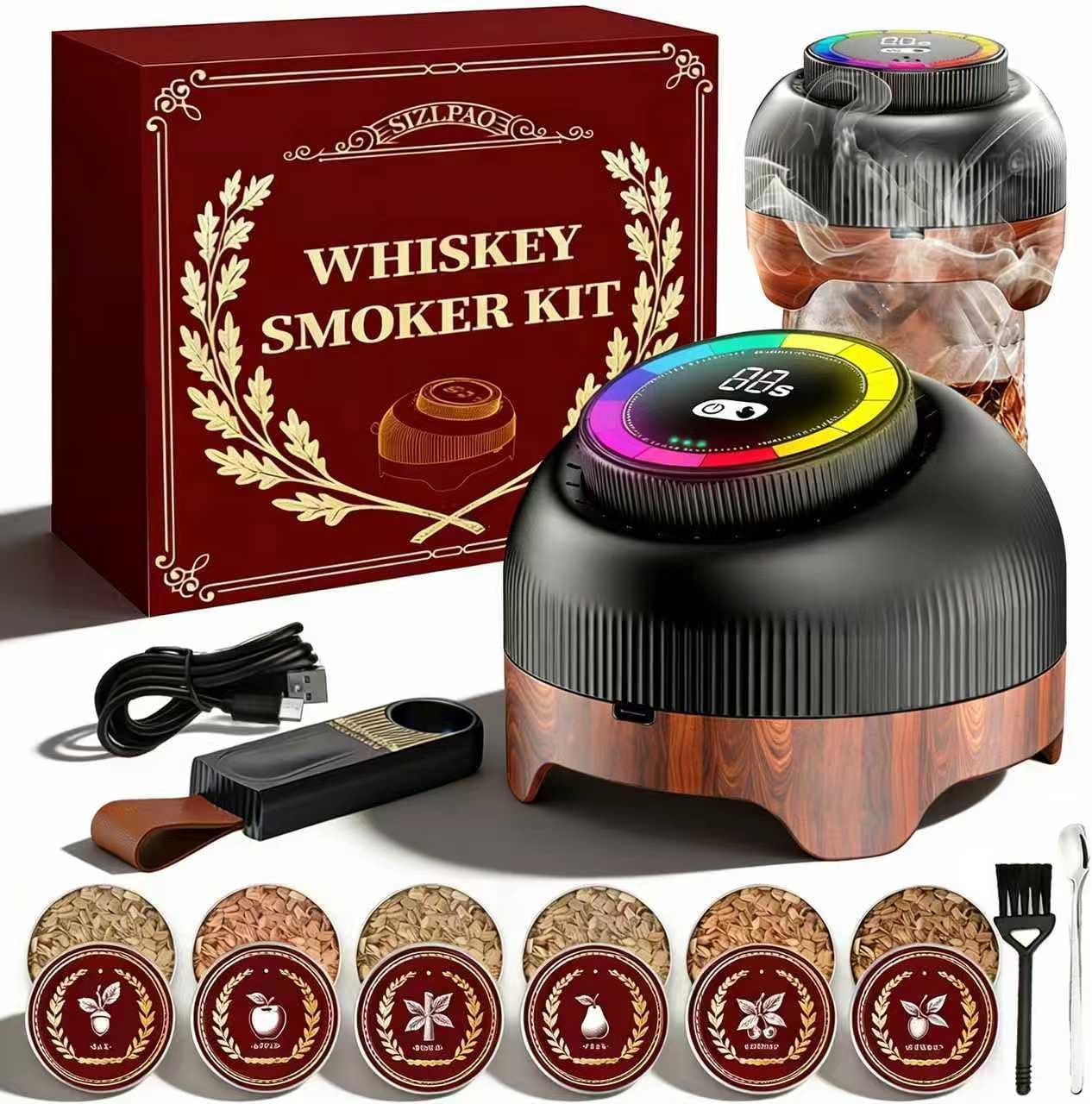 Electric Whiskey Smoker Kit with Adjustable 60-Second Smoke Control – Flame-Free & No Butane Needed, Rechargeable Cocktail Smoker for Old Fashioned, Includes 6 Wood Chip Flavors, Bourbon Gift for Men