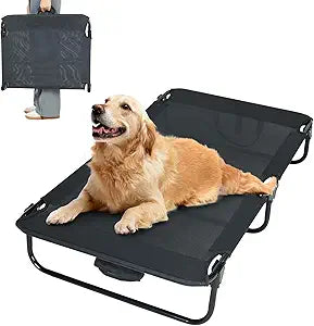 Elevated Dog Bed for Large Pet with No-Slip Feet, Foldable Portable Washable Raised Bed for Indoor&Outdoor Camping Dog Cot, with Cooling Waterproof Breathable Mesh (Large, Black-Textilene)