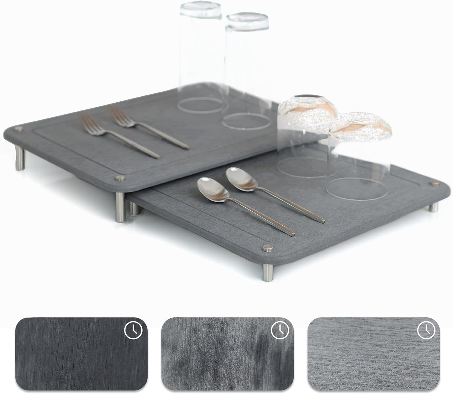 2 PCs Nesting Stone Dish Drying Mats for Kitchen Counter - Absorbent Quick Drying Diatomaceous Earth Stone Drying Mat with Non-Slip Feet - Heat Resistant & Odorless Dish Drying Stone Mat - Gray Solid