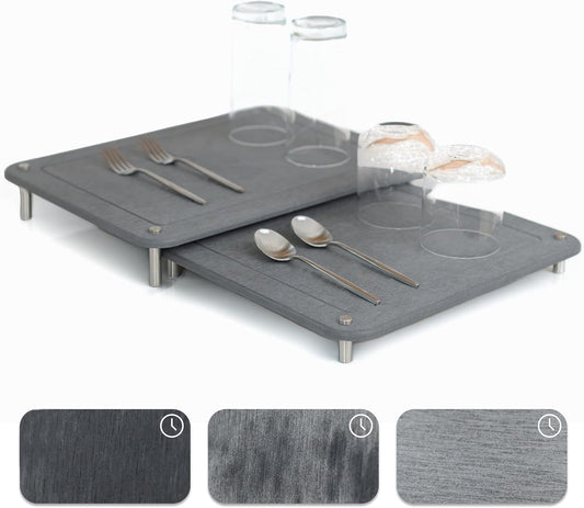 2 PCs Nesting Stone Dish Drying Mats for Kitchen Counter - Absorbent Quick Drying Diatomaceous Earth Stone Drying Mat with Non-Slip Feet - Heat Resistant & Odorless Dish Drying Stone Mat - Gray Solid