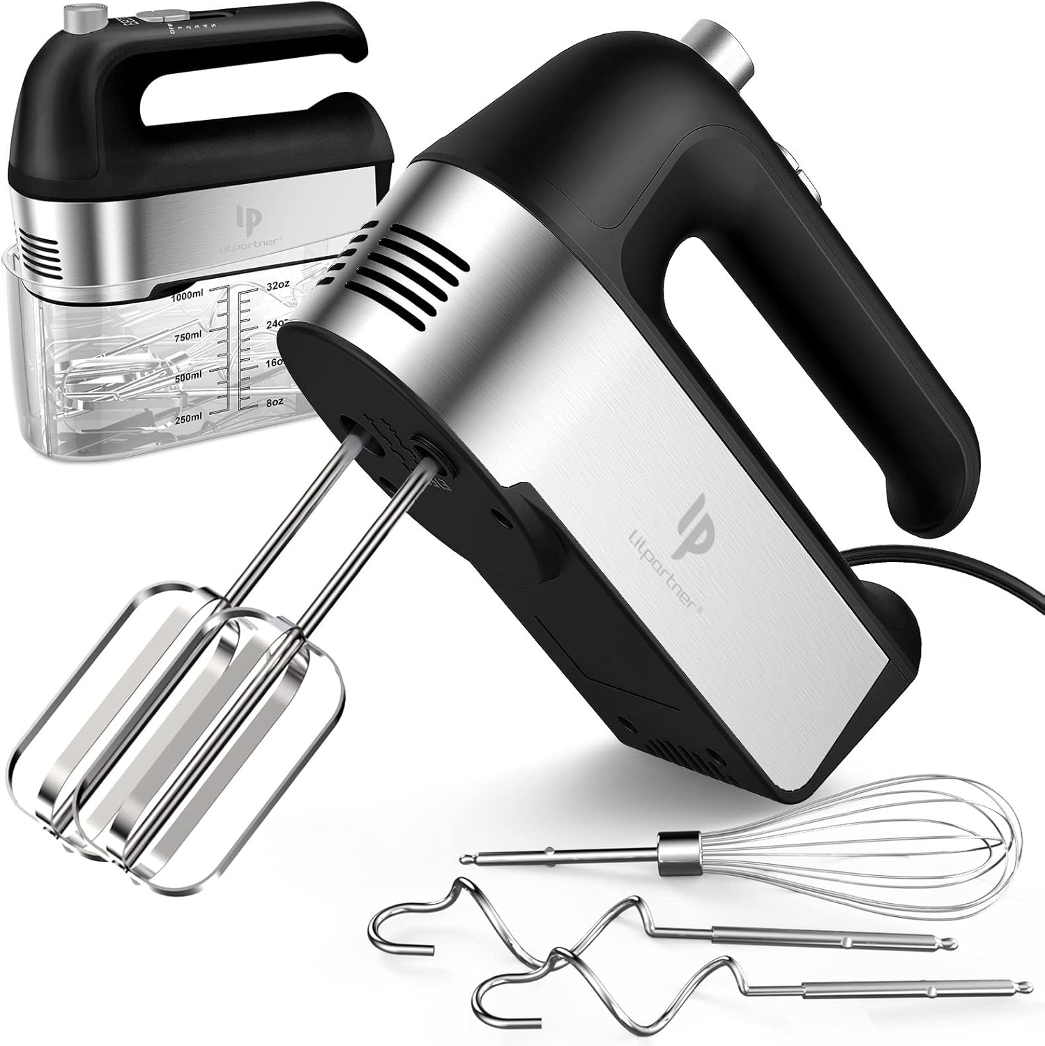 Hand Mixer Electric, 450W Kitchen Mixers with Scale Cup Storage Case, Turbo Boost\/Self-Control Speed + 5 Speed + Eject Button + 5 Stainless Steel Accessories, For Easy Whipping Dough, Cream, Black