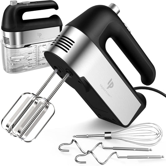 Hand Mixer Electric, 450W Kitchen Mixers with Scale Cup Storage Case, Turbo Boost\/Self-Control Speed + 5 Speed + Eject Button + 5 Stainless Steel Accessories, For Easy Whipping Dough, Cream, Black