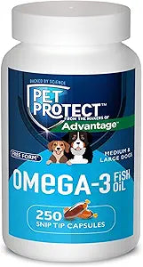 Pet Protect M/L Dog Omega-3 Supplement, Proprietary Free Form Blend, Supports a Normal Inflammatory Response, Snip-Tip Capsules (250 Count)