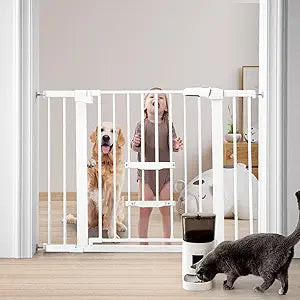 FURTIME 29"-41" Baby Gate with Cat Door Adjustable, Auto Close Dog Gate for Stairs,Doorways and House, Metal Pet Door Pressure Mounted,Easy Install, Effortless Walk Thru, White