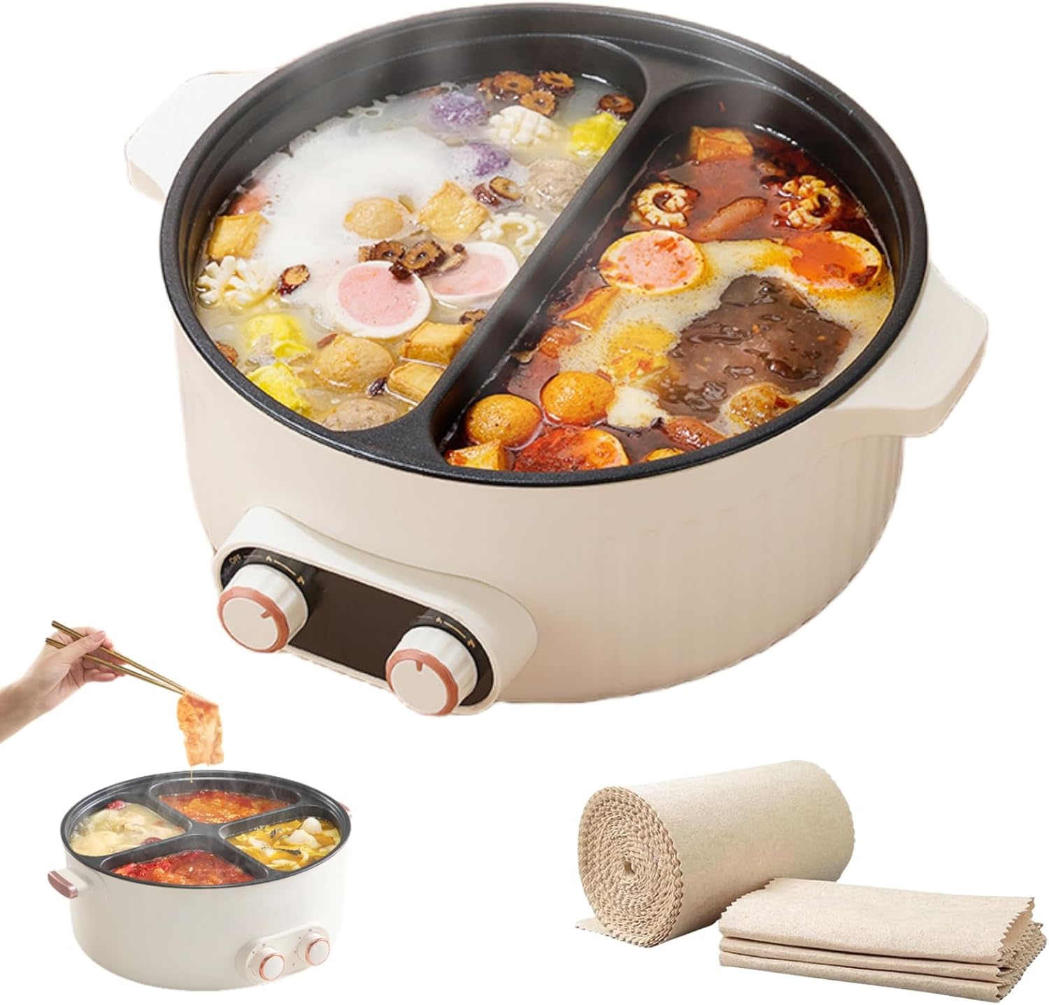 Electric Pot 4 Compartment, 2025 New Four Grid Multifunctional Stew Pot, Multi-Functional Household 6 Liters Capacity Hot Pots, Large Capacity Integrated Hot Pots Electric Caldron (2 grids)