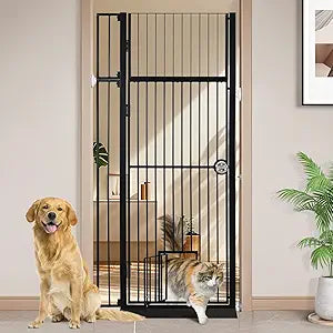 71" Extra Tall Pet Gate with Cat Door, 30"-37.5" Adjustable Wide, No Drill Pressure Mounted Auto-Close Safety Pet Gate Walk Through Safety Cat Gate
