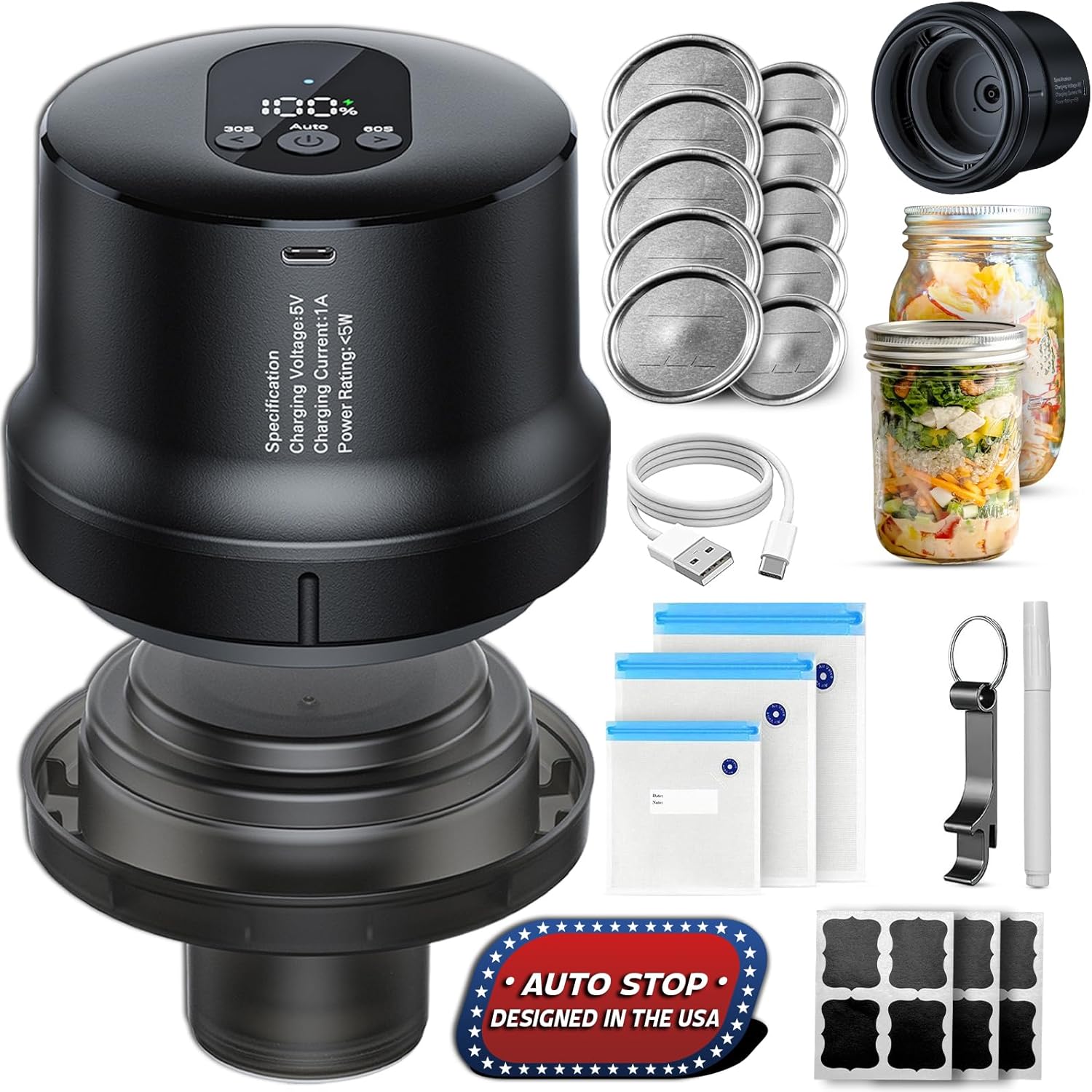 2025 Upgraded Fully Automatic Mason Jar Vacuum Sealer for Regular & Wide Mouth Canning Jars, Sous Vide Bags Vacuum Sealer, Portable Mason Jar Sealer Machine Kit, Ideal Gifts for Mom, Wife