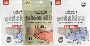 Polkadog Fish Skin Shorties Variety 3-Pack â€“ Includes 2x Cod and 1x Salmon. All-Natural Dog Treats, Made in USA, Single Ingredient, Omega-3 Rich, Grain-Free & Hypoallergenic Jerky for All Breeds