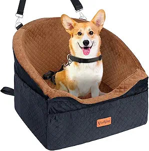 Vivifying Dog Car Seat for Small & Medium Dogs, Detachable & Washable Booster Seat for Pets Up to 30lbs, Travel Bed with Storage Pockets and Safety Belt â€“ Brown&Black