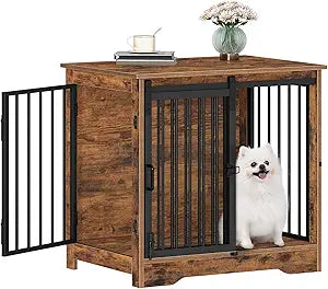27.2" Dog Crate Furniture with Barn Door, Heavy Duty Dog Kennel Indoor with 2 Doors, Wooden Pet Cage End Table for Small Medium Dogs up to 22 lb, Anti-Chew Anti-Escape, Rustic Brown DFC84301B