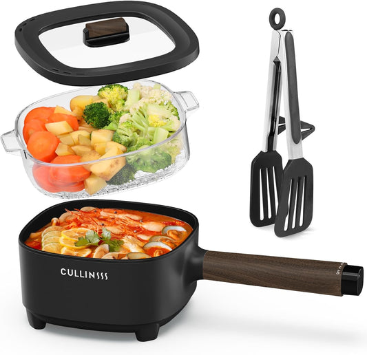 CULLINSSS 2L Hot Pot Electric with Steamer, Portable Electric Pot with Upgrade Titanium Nonstick Coating for Dorm, Office, Travel, Multi Cooker Pot for Ramen, Soup, Oatmeal (Tongs Included)