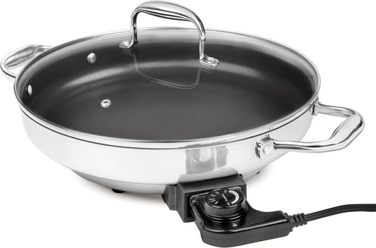 Electric Skillet By CucinaPro- 18\/10 Stainless Steel, Frying Pan w Non Stick Interior, Tempered Glass Lid w Handles, 12" Round, Temperature Control Probe for Adjustable Heat Settings, Portable, Gift