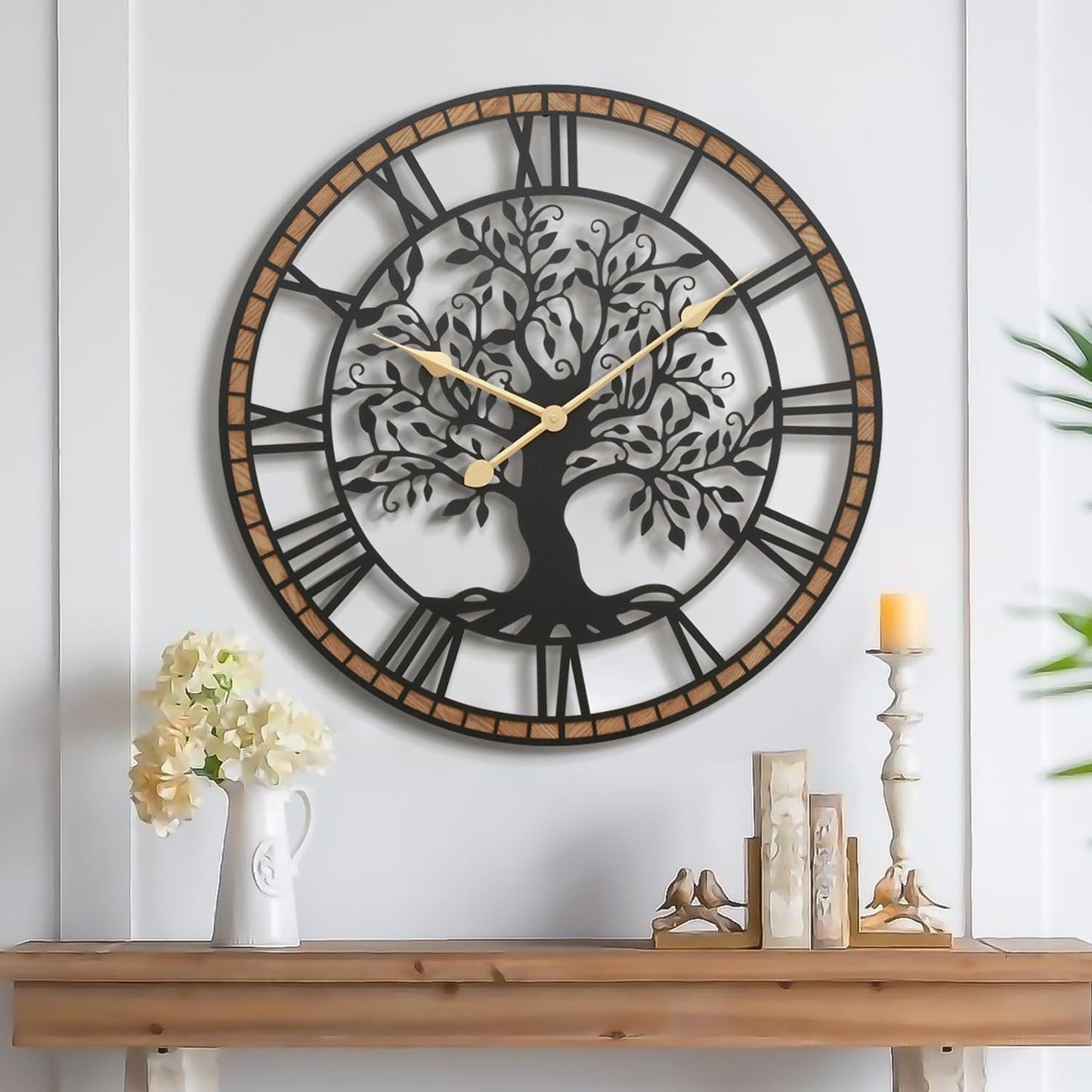 Micasso Silent Large Wall Clock: 24Inch Tree of Life Metal Black with Solid Wood Frame - Non-Ticking Battery Operated Clock for Living Room\/Office\/Bedroom\/Kitchen - Home Decor for Fashion-Conscious