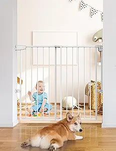 Babelio 34" Tall No Bottom Bar Baby/Dog Gate for Stairs, House and Doorways, 29.7-46.5" Auto Close Safety Pet Gates with Large Walk Thru Door, Hardware Mount, White