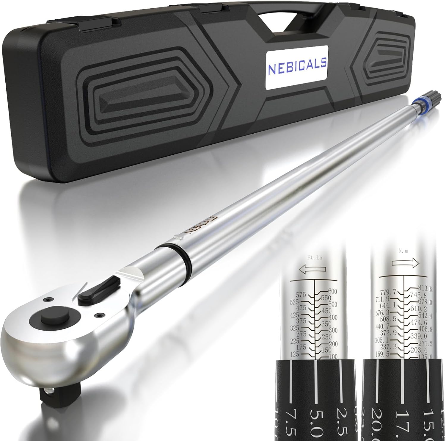 NEBICALS 3\/4 Inch Drive Torque Wrench 100-600 ft lb \/135-813 NM\/High hardness & strength\/Long lifetime\/Less effort for Off-road equipment\/Truck\/Motor homes\/Drilling platform\/Excavator