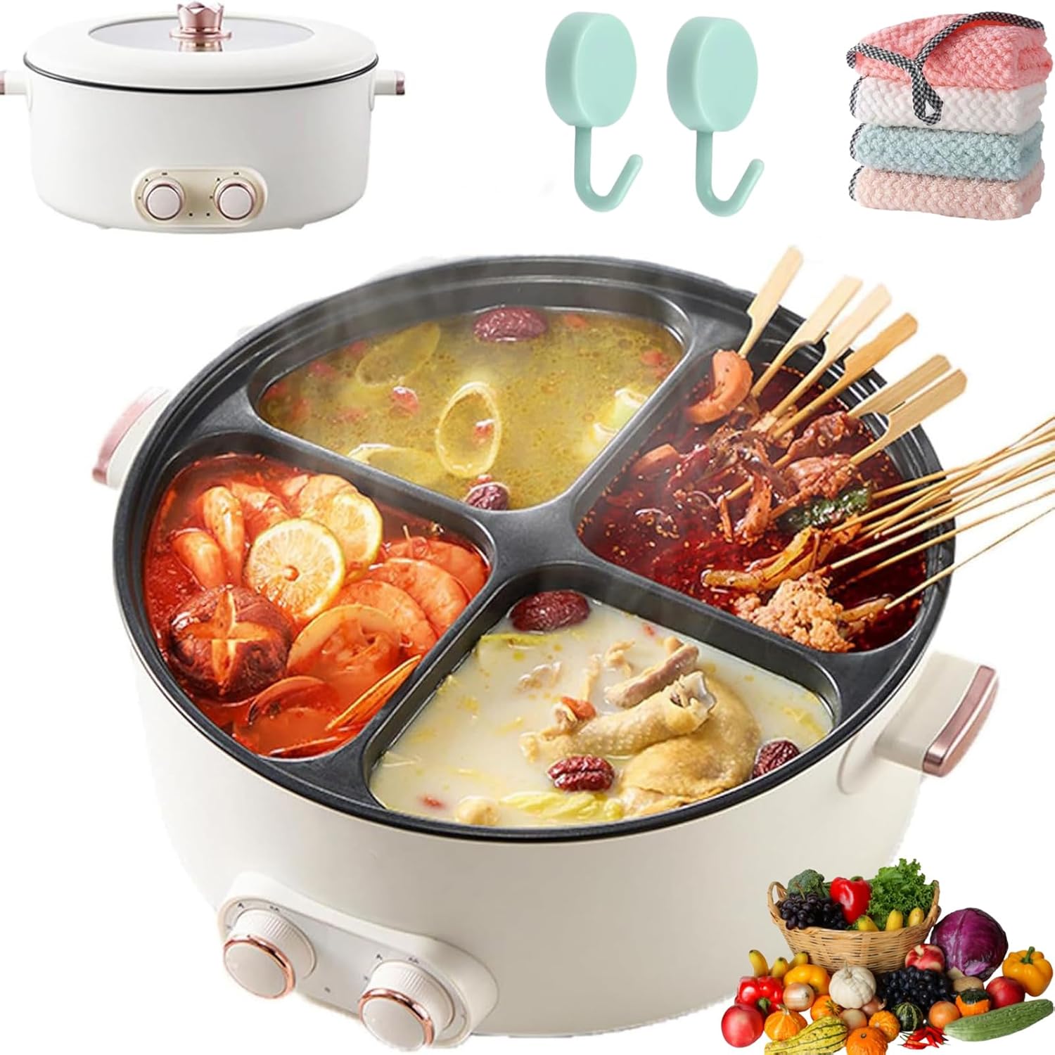 Four Grid Multifunctional Stew Pot, 2026 New Multifunctional Four-Grid Electric Cooker, 6L Large Capacity with 4 Flavors Chinese Shabu Shabu Pot for Home Party