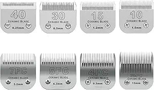 Size 40/30/15/10/7FC/5FC/4FC/3FC Detachable Pet Dog Grooming Clipper Ceramic Blades Set,Compatible with Andis,Oster A5,Wahl KM10 Series Clippers,Cut Length 1/100"(0.25mm) to 1/2"(13mm),8 Pack