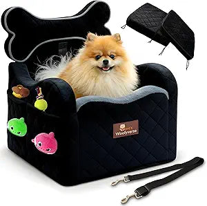 Yaraâ€™s Woofyverse Dog Seat for Car â€“ Booster Seat for Small & Medium Dogs with Adjustable Cushions, Fur-Lined Headrest & 6-Pocket Storage â€“ Portable Pet Car Seat for Front/Back Travel â€“ Midnight Ash