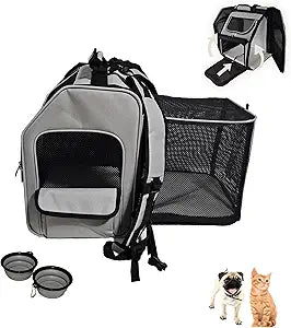 Expandable Pet Backpack Carrier â€“ Dog & Cat, Bonus 2 Collapsible Pet Bowls, Travel Bag with 4-Way Entry, Mesh Windows, Storage Pockets, Secure Zippers, Washable Cushion