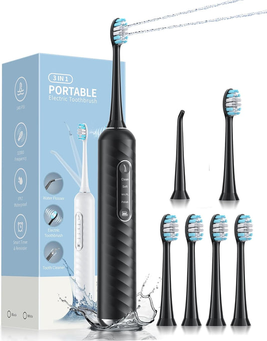 Electric Toothbrush with Water Flosser \u2013 2-in-1 Teeth Cleaning Kit, Electric Toothbrush and flosser Combo,Toothbrush with 3 Cleaning Modes, Portable Water flosser Design for Home & Travel (Black)