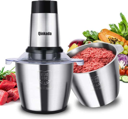 Qinkada Food Processor, 2 Stainless Steel Bowls, 14Cup, 500W Powerful Electric Meat Grinder, 3 Speed Modes 4 Bi-Level Blades for Onion, Meat, Nuts, Fruit, Garlic, Vegetable, Baby Food