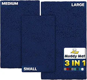 Muddy MatÂ® Pack of 3 Highly Absorbent Microfiber Dog Door Mat and Pet Rug, Non Slip Thick Washable Area Mat Soft Chenille for Kitchen Bathroom Bedroom and Outdoor - Navy Blue Small, Medium & Large