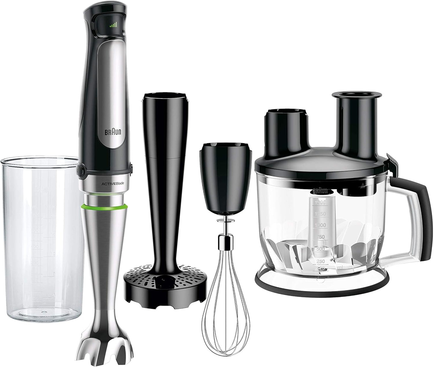 Braun 4-in-1 Immersion Hand Blender, Powerful 500W Stainless Steel Stick Blender, Variable Speed + 6-Cup Food Processor, Whisk, Beaker, Masher, Finer Blending, MultiQuick MQ7077