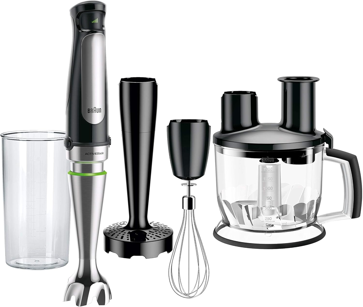 Braun 4-in-1 Immersion Hand Blender, Powerful 500W Stainless Steel Stick Blender, Variable Speed + 6-Cup Food Processor, Whisk, Beaker, Masher, Finer Blending, MultiQuick MQ7077
