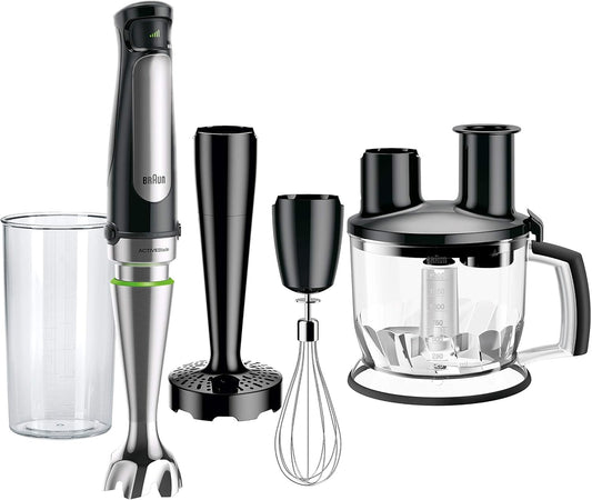 Braun 4-in-1 Immersion Hand Blender, Powerful 500W Stainless Steel Stick Blender, Variable Speed + 6-Cup Food Processor, Whisk, Beaker, Masher, Finer Blending, MultiQuick MQ7077