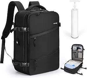 HOMIEE Travel Backpack with Vacuum Compression Space Saving Storage Bags and Hand Pump, 18x14x8 inches Carry on Personal item Bag, Black