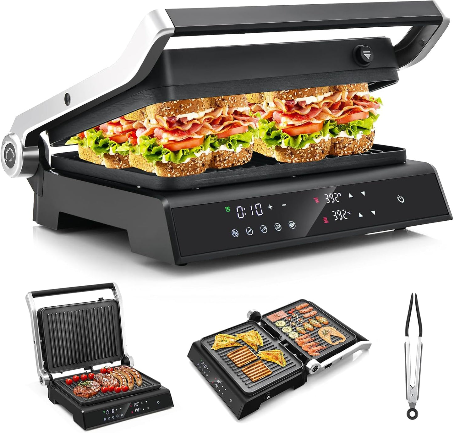 Giantex Panini Press Sandwich Maker, 3-in-1 Electric Indoor Grill, 2 Removable & Dishwasher Safe Non-Stick Plates, Drip Tray, 5 Auto Modes, Upper & Lower Independent Temperature Control, 4 H Timer