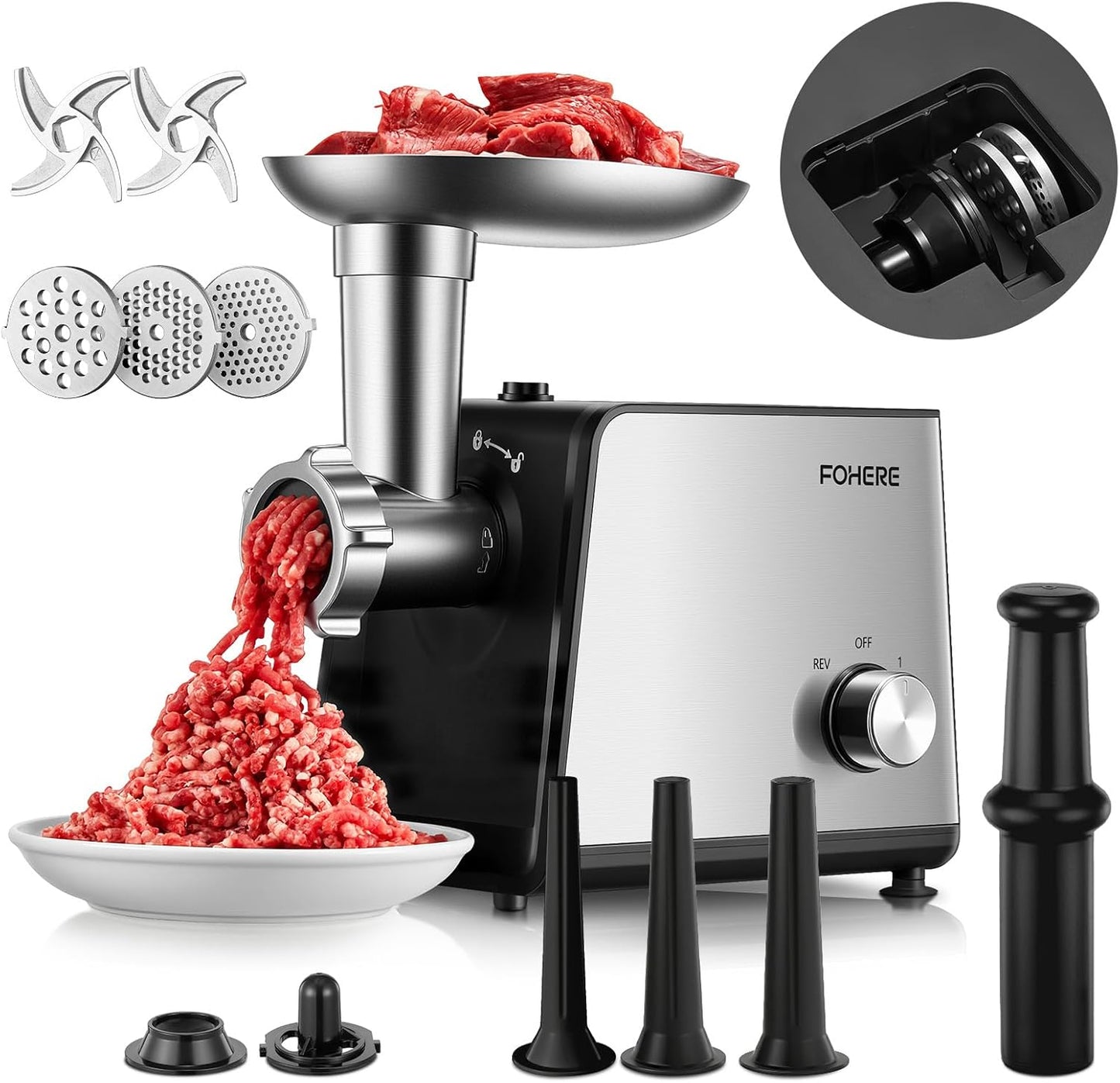 Electric Meat Grinder, 3200W Max Heavy Duty Stainless Steel Meat Mincer with 2 Blades, 3 Grinding Plates, 3 Sausage Stuffer Tubes & Kubbe Kit for Home & Kitchen & Deer Meat Processing Using