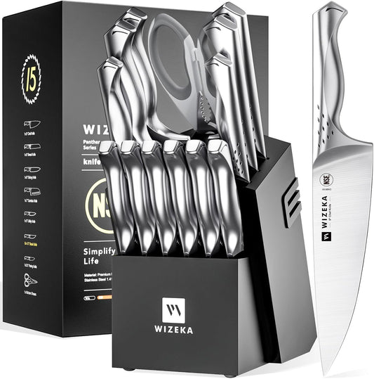 WIZEKA Kitchen Knife Set with Block: Razor Sharp 15 Pcs Professional Chef Knife Set with Knife Sharpener, Food Grade German Stainless Steel Knife Block Set, Jaguar Series