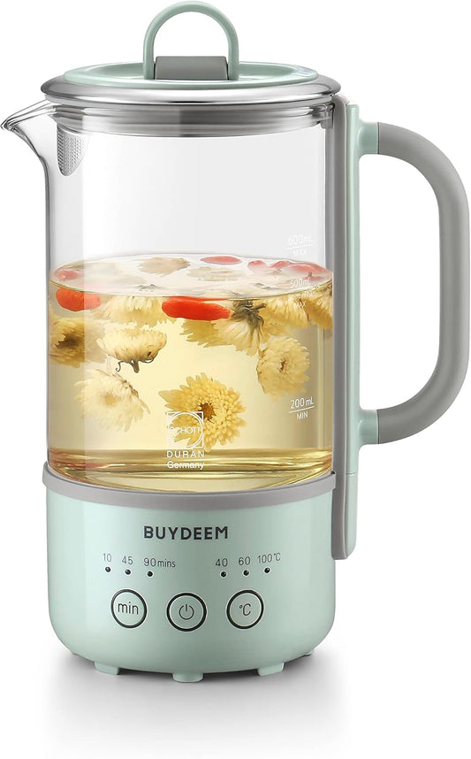 BUYDEEM K313 Travel Electric Kettle, Mini Healthy-Care Beverage Kettle, Tea Maker with Heat Resistant DURAN® Glass & Durable Pro 18/10 Pro Stainless Steel, 0.6L, Cozy Greenish