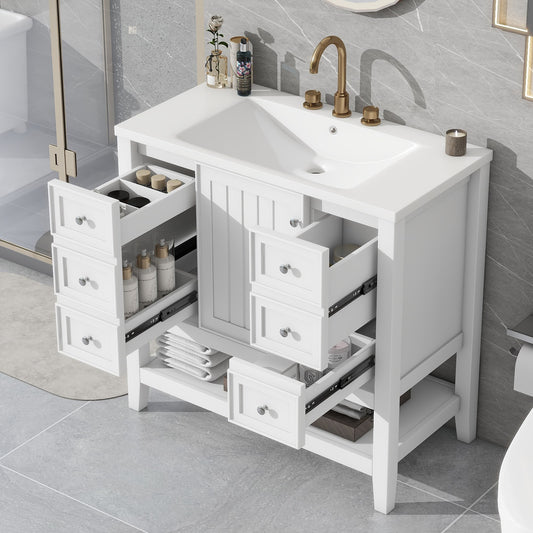ModernLuxe 36inch Bathroom Vanity with Sink One Cabinet and Three Drawers Solid Wood and MDF Board White