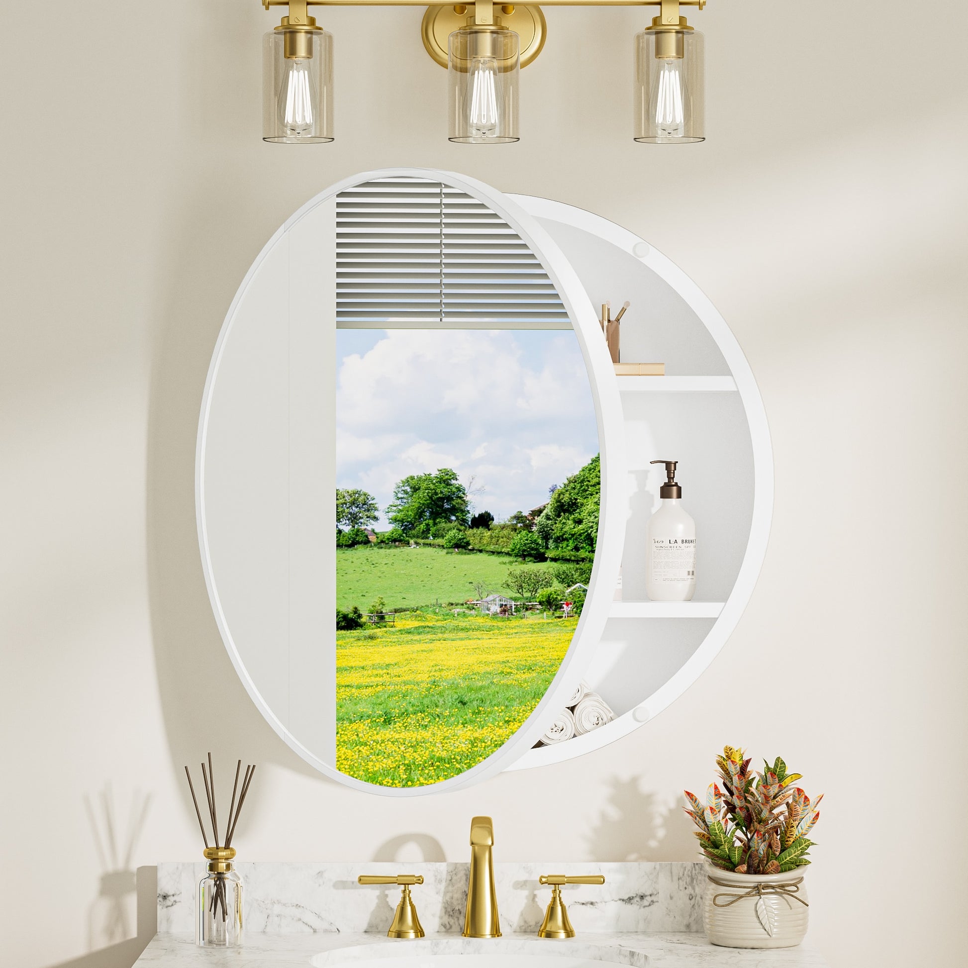 Keonjinn Round Medicine Cabinet Mirrors 30-in x 30-in Surface Mount White Mirrored Round Soft Close Medicine Cabinet