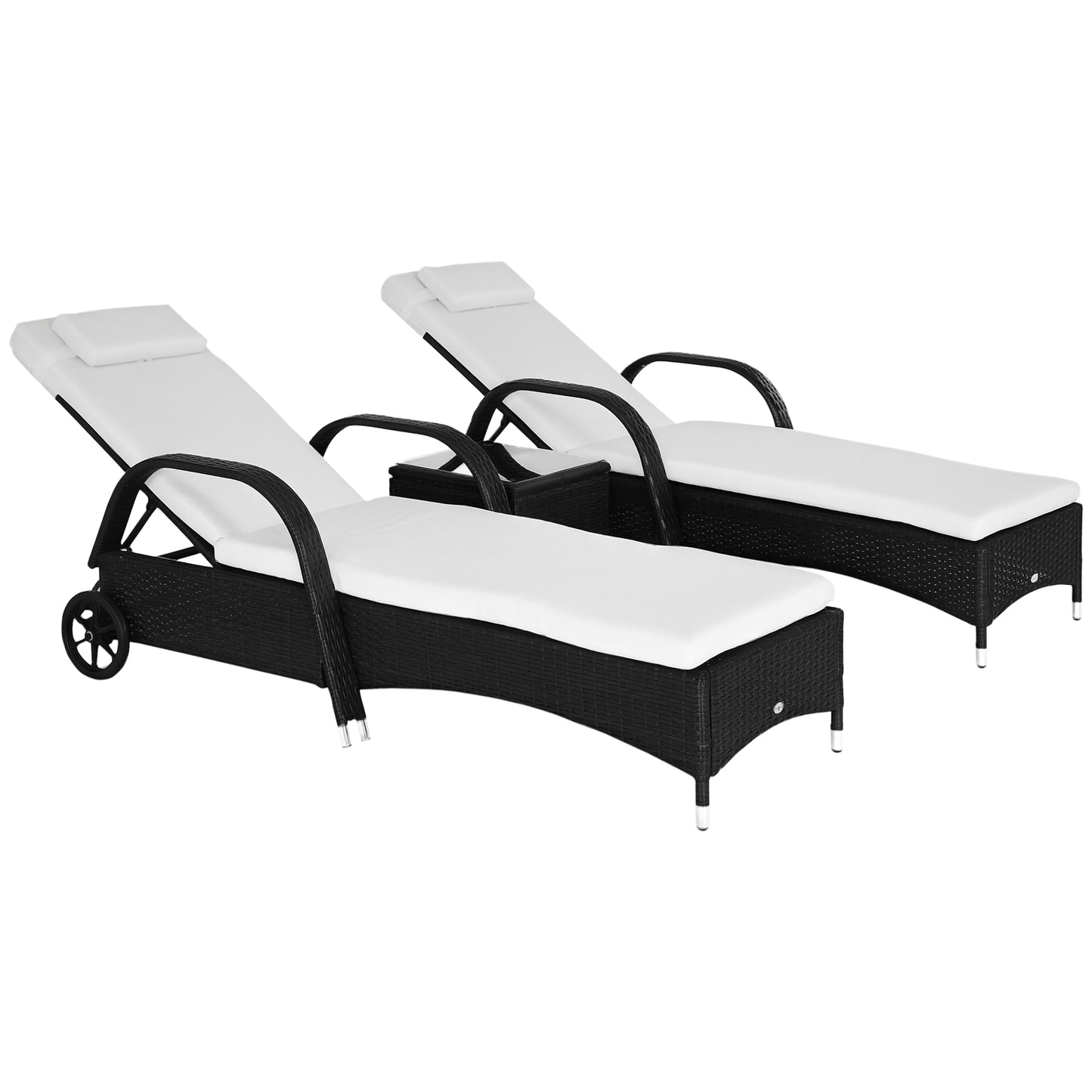 Outsunny  Wicker Outdoor Chaise Lounge Chair Set of 3 with Side Table 5-Level Adjustable Backrest PE Rattan Pool Lounge Chair with Wheels Cushion and Headrest Black and Cream White
