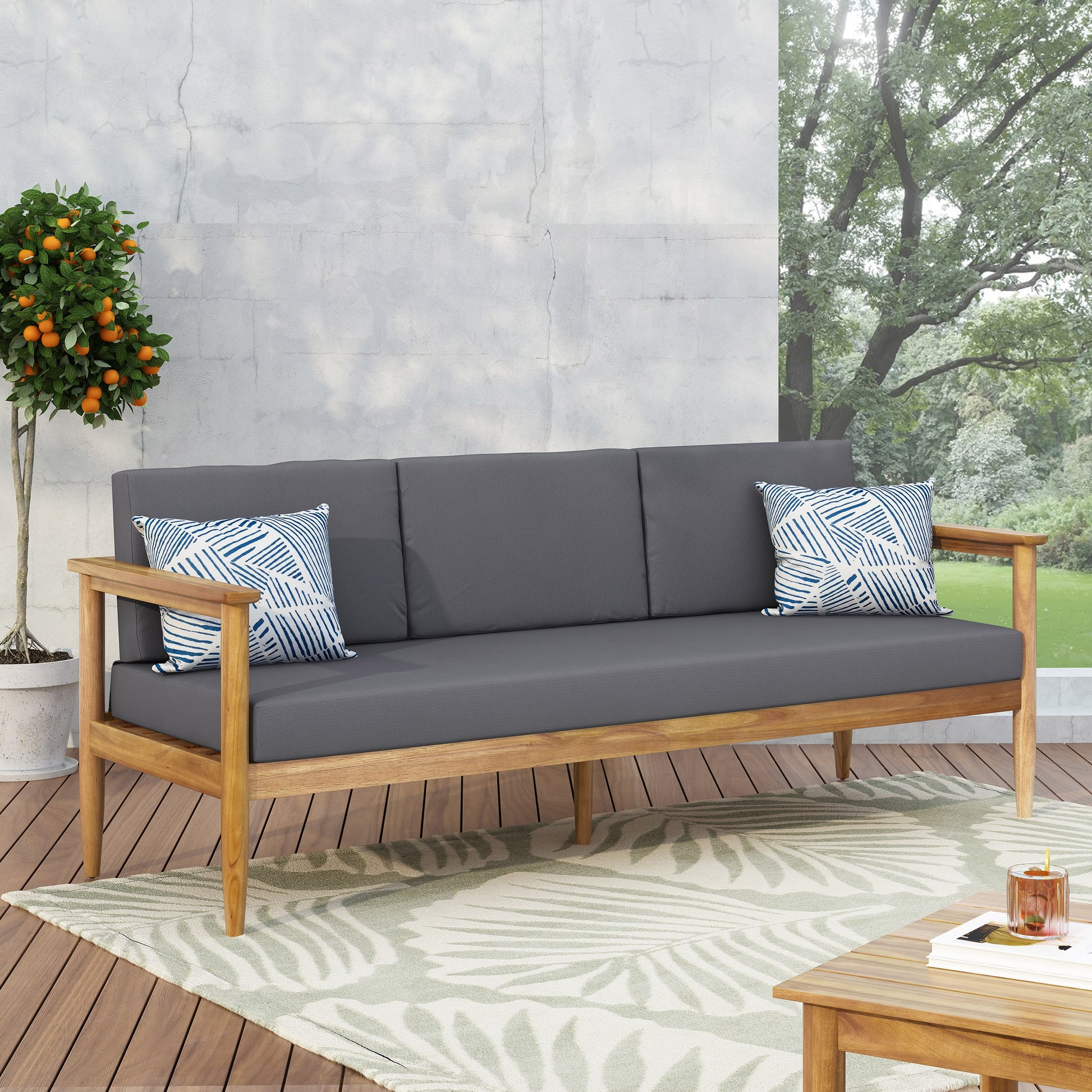 LOVMOR Acacia Wood Outdoor Sofa Water Resistant Cushions Slat Design All Weather Patio Seating