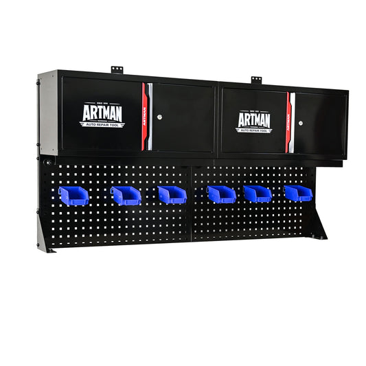 GDFStudio Wall Mounted Double Door Cabinet with Tool Rack Hanging Basket Hook Storage Shelf Hanging Wall Stainless Steel Hole Plate Black and Red