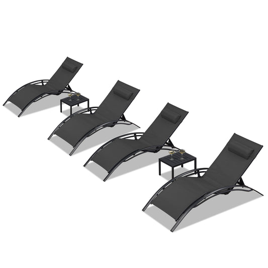 PURPLE LEAF Streamlined Stackable Adjustable Chaise lounge With Table Set of 4 Stackable Oversize Aluminum Frame Stationary Chaise Lounge Chair with Black Cushioned Seat