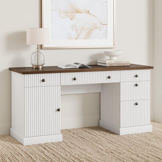 WhizMax 60 inch Modern Fluted Home Office Desk with Charging Station Wooden Computer Writing Desk with File Drawers for Study Room Office Home Brown White