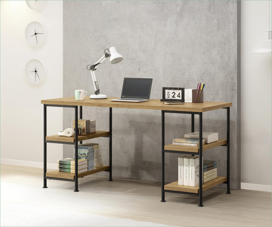 SunJet Desks Industrial Golden Oak MDF Metal Desk with 4 Storage Shelves Open Design Space Saving