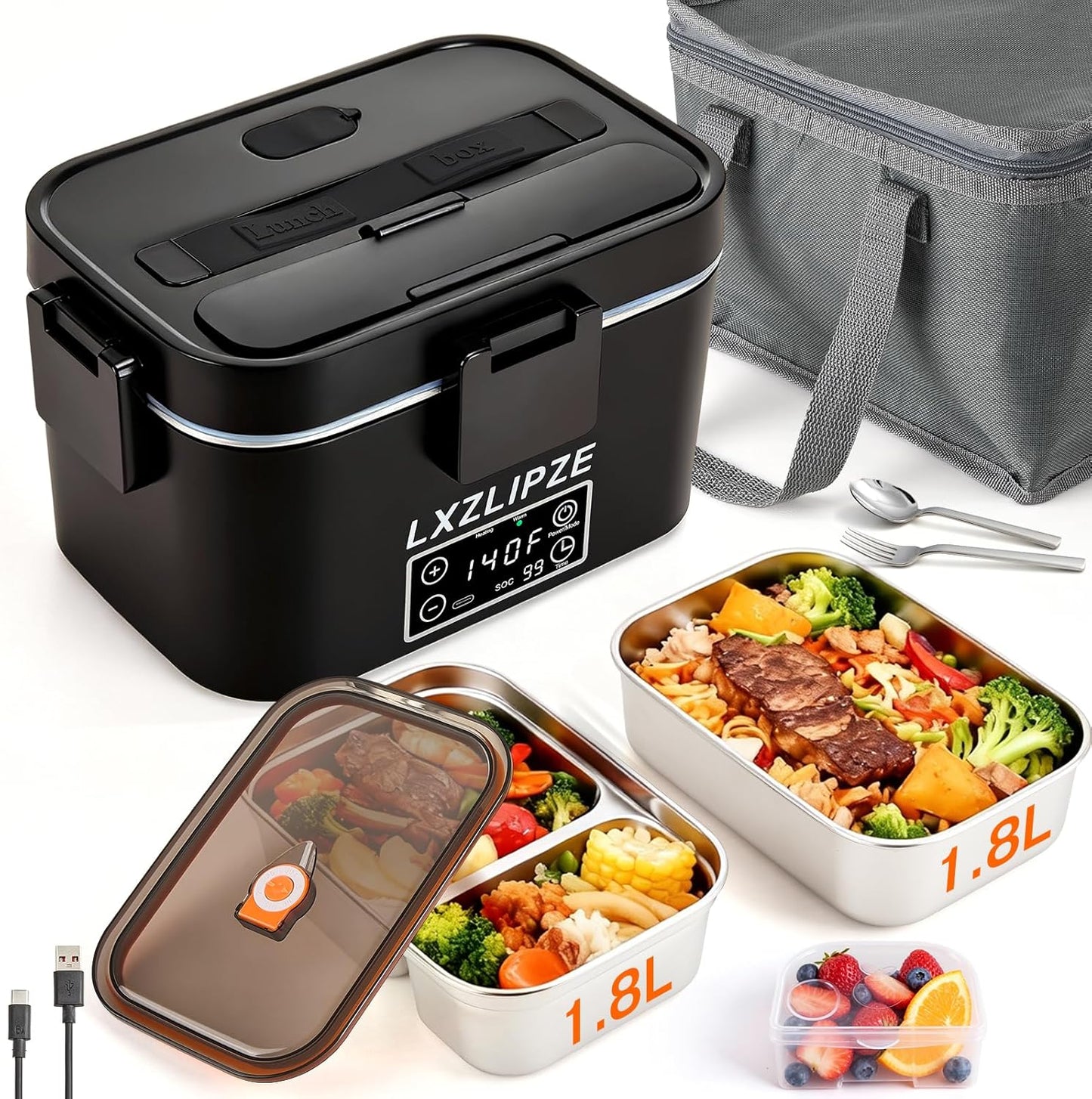 Cordless Electric Lunch Box for Adults, 2x1.8L Container Self-Heating lunch box with Timer, 16000mAh Battery-Powered Portable Food Warmer Perfect for Office, Work, Travel, and Car Use